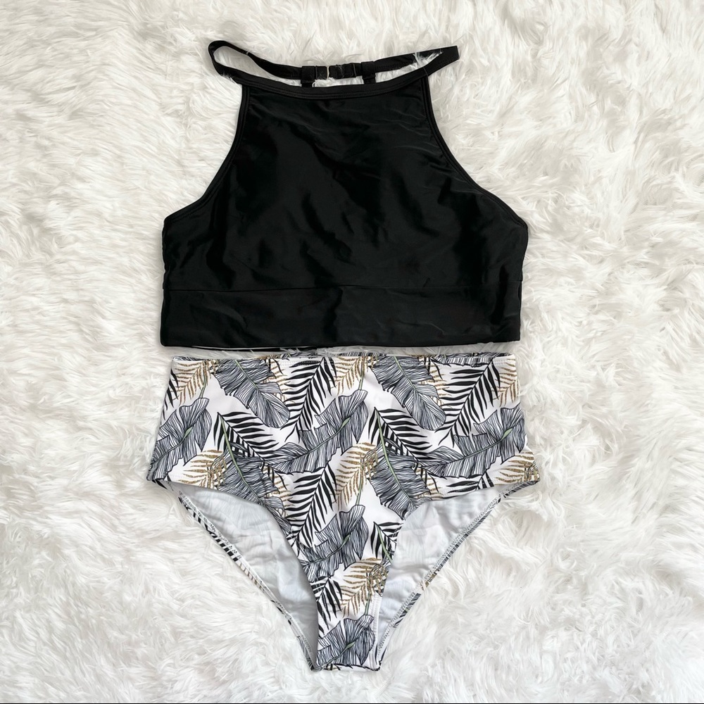 👙 Black Plant Print Bikini Swimsuit Size L
